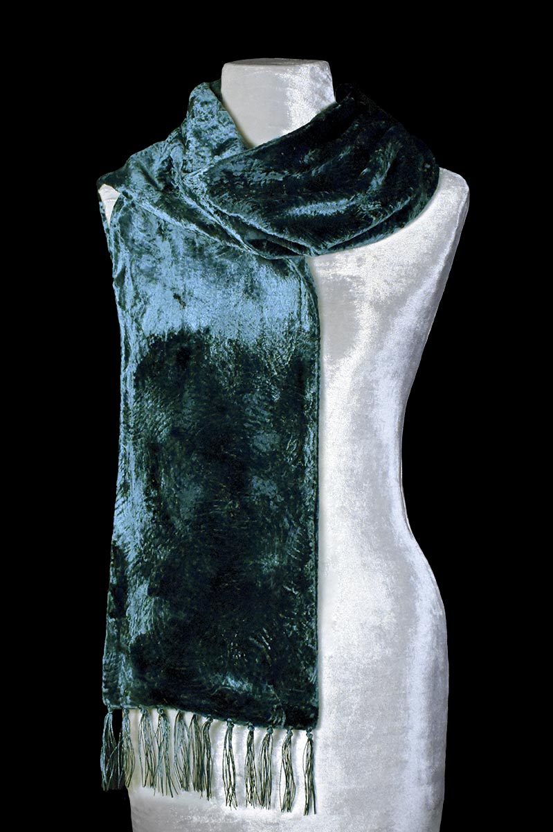 Fortuny dark teal blue furrowed velvet scarf with fringes